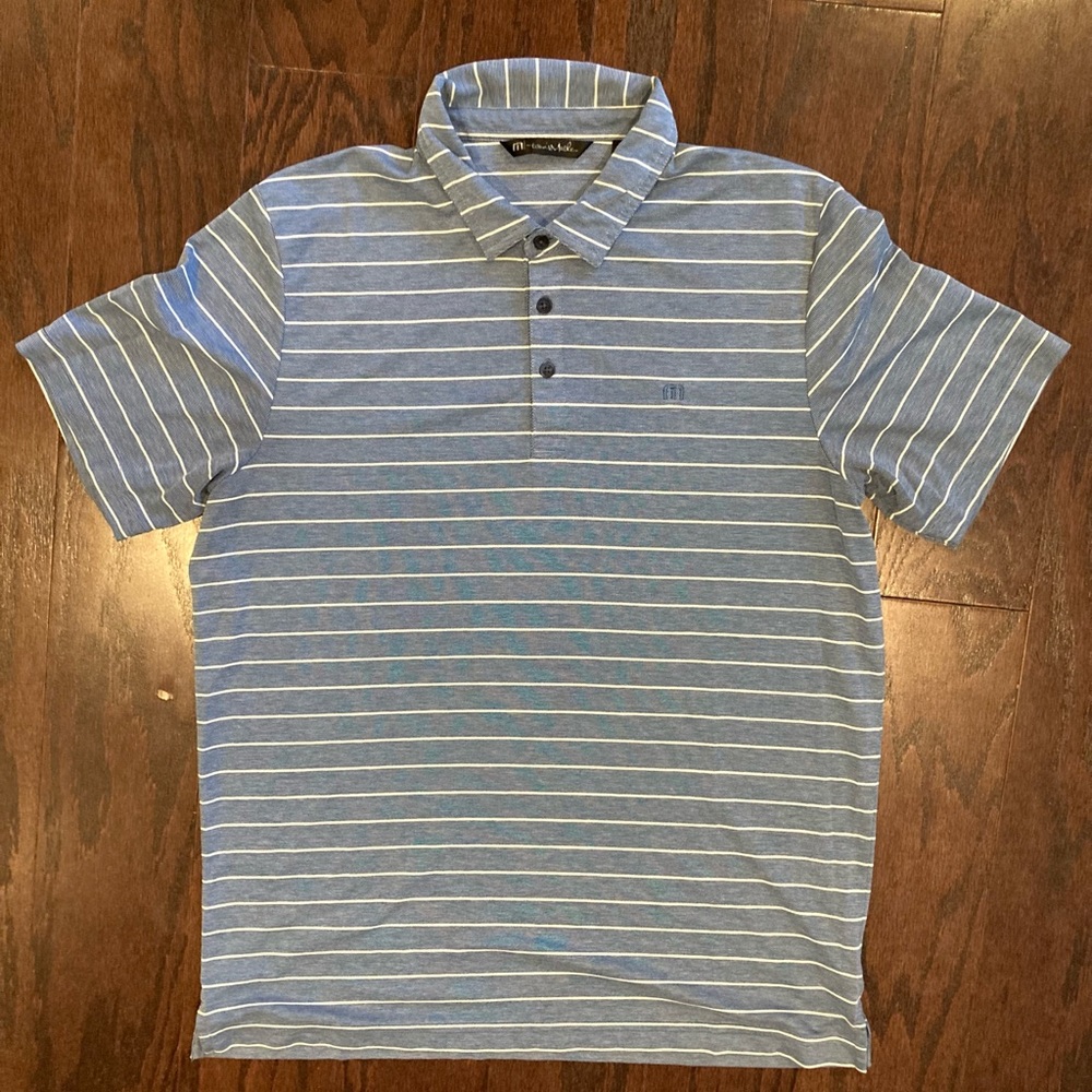 Travis Mathew Polo Shirt Mens Large Blue & White Stripe Golf Lightweight Casual